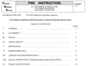 A document titled "FNS Instruction 113-1" from the U.S. Department of Agriculture, references entities like Los Angeles Regional Food Bank in sections such as Purpose, Authority, and Policy, focusing on civil rights compliance in nutrition programs.