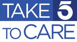 A blue and white graphic featuring the text "TAKE 5 TO CARE" draws attention with its bold design. The word "TAKE" is enclosed in a blue box, the number "5" in another, and "TO CARE" beneath in blue text, all echoing the compassionate mission of the Los Angeles Regional Food Bank.