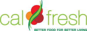 The image showcases the CalFresh logo, featuring three overlapping circles in red, orange, and yellow. A green leaf crosses over the circles and the word "CalFresh." Just below, it reads "Better Food for Better Living," a motto embraced by the Los Angeles Regional Food Bank.