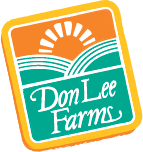 Logo of Don Lee Farms featuring a stylized sun rising over fields, with "Don Lee Farms" written in white script below. The design evokes the support for the Los Angeles Regional Food Bank, set against an orange and teal background within a yellow-bordered rectangle.