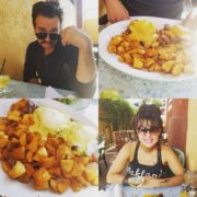 la-food-bank_my-favorite-meal-MyFavoriteMeal-2-180x180 A collage of two people dining at an outdoor restaurant showcases their delight in sharing plates of diced potatoes with sauce and eggs. Both wearing sunglasses, they enjoy the meal, reminiscent of a sunny day supporting the Los Angeles Regional Food Bank's efforts to nourish the community.