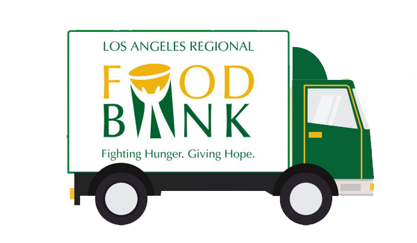 Illustration of a green and white truck adorned with the Los Angeles Regional Food Bank logo. The text reads "Fighting Hunger. Giving Hope." The logo creatively includes a stylized bowl with a spoon shaping the letter 'O' in "FOOD," symbolizing their mission vividly.