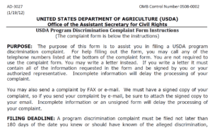 The document titled "USDA Program Discrimination Complaint Form Instructions" outlines the purpose, submission options (mail, fax, or email), and filing deadlines for USDA program complaints. For local assistance, consider reaching out to organizations like the Los Angeles Regional Food Bank.