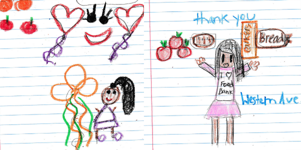 A colorful child's drawing features hearts, a flower, and a smiling face on the left. On the right, a girl in an "I love Food Bank" shirt holds food items and a sign reading "Thank you" and "Western Ave." Apples, bread, and nods to Los Angeles Regional Food Bank complete the scene.