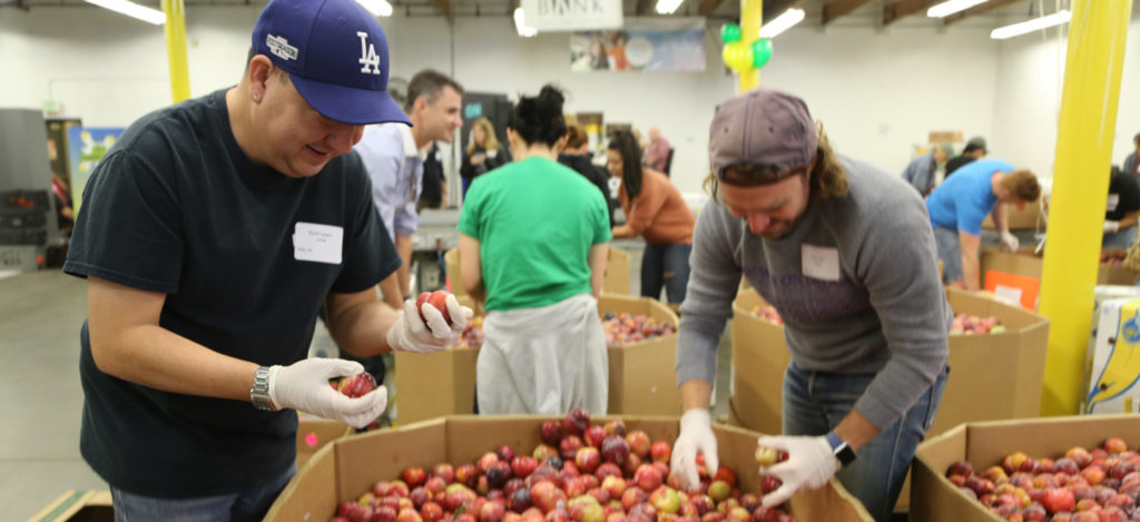 volunteers-sorting-produce-los-angeles-regional-food-bank-2-1-1024x469 People at the Los Angeles Regional Food Bank are sorting apples into large boxes. The focus is on two individuals wearing gloves and casual clothing, with yellow pillars and other participants in the background.