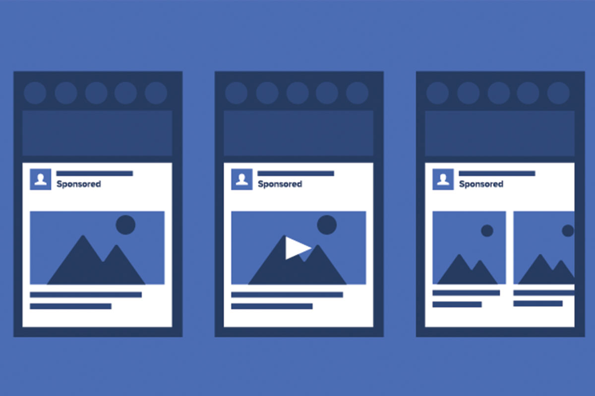 fb-campaign Illustration of three digital ad formats set against a blue background, each displaying placeholder graphics for images and videos labeled "Sponsored." Highlighting efforts like the Los Angeles Regional Food Bank, the first and third show images, while the middle one features a play button for a video.
