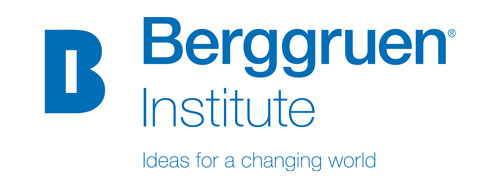 Logo of the Berggruen Institute with a stylized blue letter "B," followed by "Berggruen Institute" in blue. Below, the tagline reads "Ideas for a changing world" in smaller blue text, echoing their Los Angeles Regional Food Bank partnership's commitment to addressing global challenges.