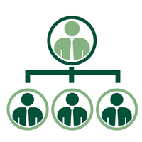 Icon of a hierarchical structure with one person at the top and three below, each represented by green silhouettes wearing ties, connected by lines. Symbolizing the efficient network, much like the Los Angeles Regional Food Bank ensures food distribution through strategic connections.