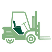 This illustration showcases a green forklift, complete with a visible seat and steering mechanism, depicted in a side view. It's inspired by the essential machines used at the Los Angeles Regional Food Bank to efficiently move and organize supplies.