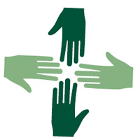 Four stylized hands in varying shades of green form a cross-like shape against a white background. Each hand points towards the center, embodying the unity and cooperation that drive efforts like the Los Angeles Regional Food Bank.