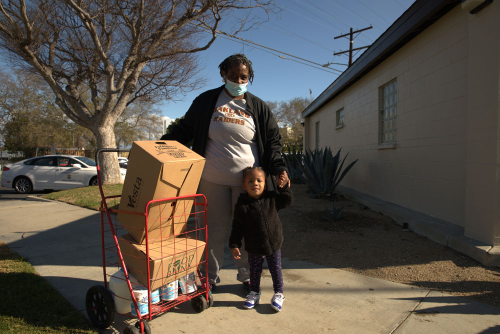 Mother and daughter with a shopping cart full of food boxes