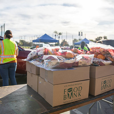 larfb-food-on-table-400x400-1-1 Boxes of food kits line up at a drive-through distribution.