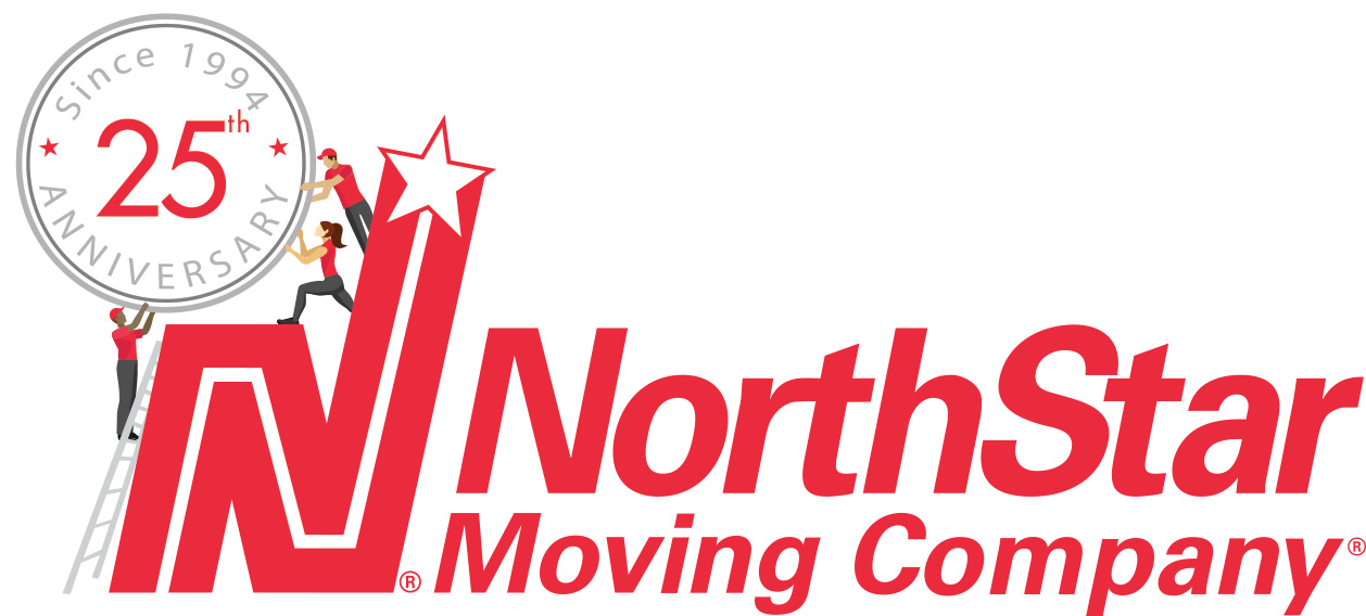 Logo of NorthStar Moving Company featuring a stylized red "N" with figures on a ladder reaching a star. The design includes the text "Since 1994, 25th Anniversary" in a circular badge, highlighting their partnership with the Los Angeles Regional Food Bank.