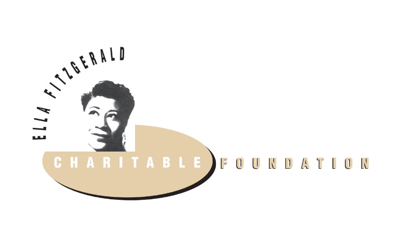 Logo of the "Ella Fitzgerald Charitable Foundation," featuring a black and white portrait of Ella Fitzgerald. Her name curves along the left, with "Charitable Foundation" written across a beige oval, supporting initiatives like the Los Angeles Regional Food Bank.