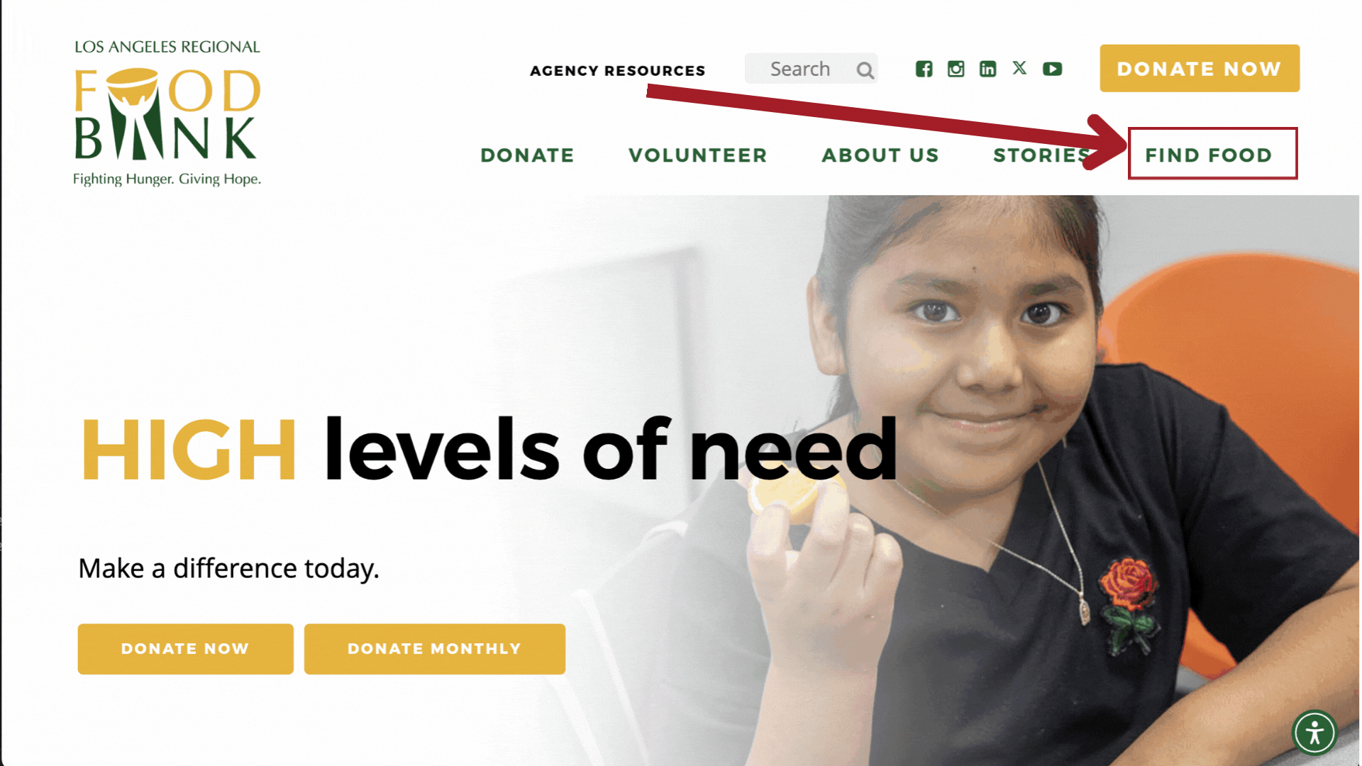 A young girl beams while holding a piece of food, beside a search bar with an arrow pointing to "Find Food." The image graces the Los Angeles Regional Food Bank website, urging donations and volunteerism.