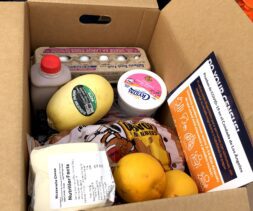 A food box containing chocolate milk, yogurt, eggs, cheese, fruit and potatoes.