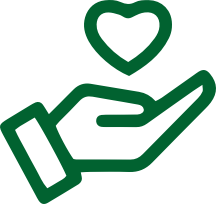 A simple green line drawing of an open hand with a heart symbol floating above it on a white background, embodying the spirit of care and giving central to the mission of the Los Angeles Regional Food Bank.
