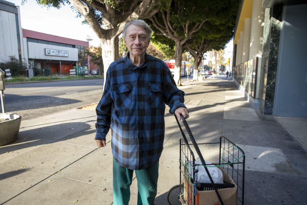 An elderly person with light hair, dressed in a blue plaid shirt and green pants, stands on the sidewalk beside a food bank. Holding a shopping cart filled with boxes, they are surrounded by trees lining the street on this sunny day.