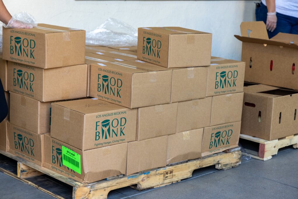 Stacks of cardboard boxes labeled 