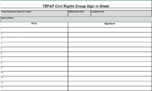 A blank TEFAP Civil Rights Group sign-in sheet from the Los Angeles Regional Food Bank features columns for group/volunteer name, leader, distribution date, phone number, agency name, print, and signature. The sheet includes numbered rows from 1 to 13 for entries.