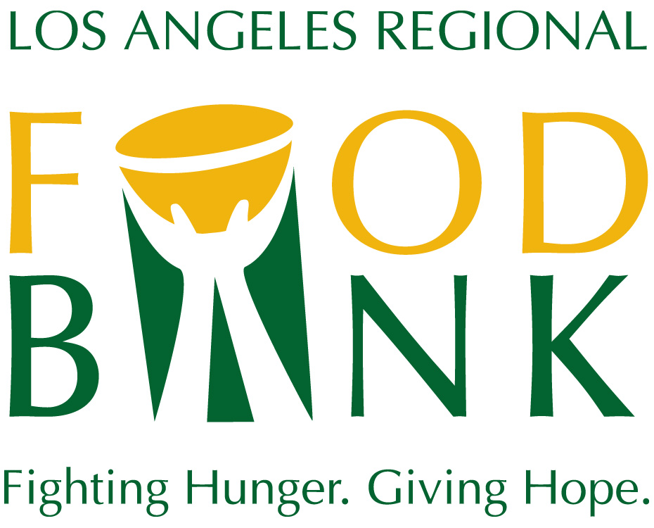 The Los Angeles Regional Food Bank logo features "Food Bank" in bold green letters, with a yellow bowl artfully incorporated into the "O". Above, the text is green, and below, it proudly states, "Fighting Hunger. Giving Hope.